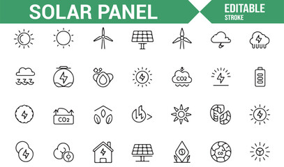 Vector Icons Representing Solar Panels, Wind Turbines, and Green Energy