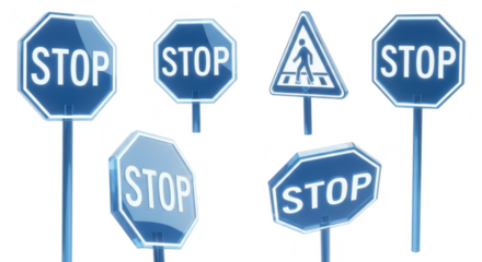 Rendered stop signs and pedestrian crossing icons are digitally displayed highlighting traffic control and safety against a white background for design use