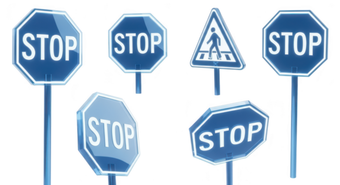 Rendered stop signs and pedestrian crossing icons are digitally displayed highlighting traffic control and safety against a white background for design use