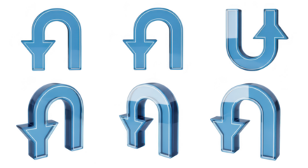 Blue glass U-turn arrows on white background indicating a change of direction often used for design elements