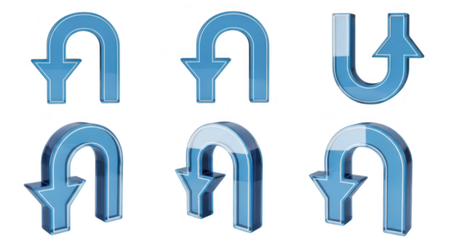 Blue glass U-turn arrows on white background indicating a change of direction often used for design elements - Powered by Adobe