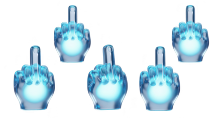 Transparent blue glowing hand models displaying the middle finger gesture on a white background for digital use