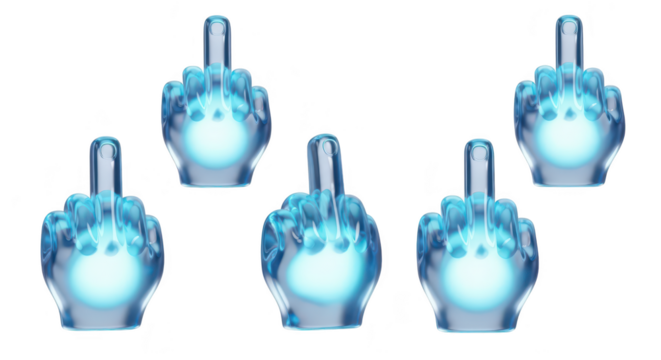 Transparent blue glowing hand models displaying the middle finger gesture on a white background for digital use - Powered by Adobe