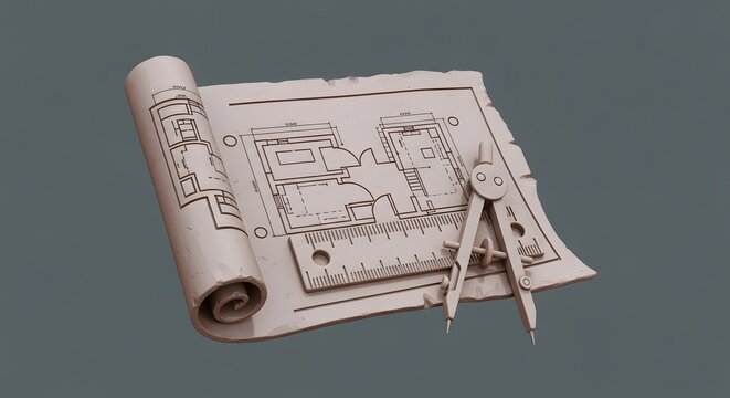 A rolled architectural blueprint with detailed floor plans, a ruler, and a drafting compass, suggesting design and construction. - Powered by Adobe