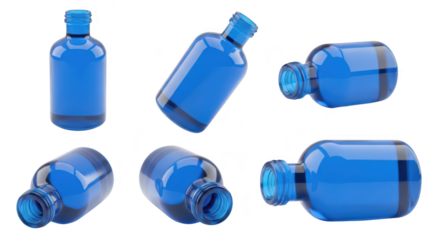 Multiple views of transparent blue bottles tilted and lying on a clean white background suitable for cosmetic product display