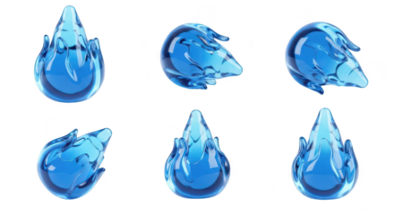 Six water-like flames are floating and arranged on a white background showcasing their transparent nature for visual design or artistic projects