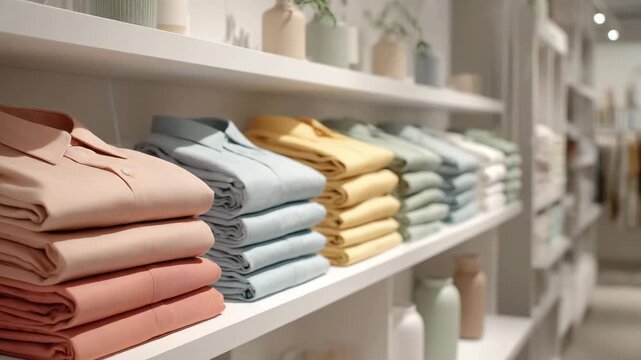 A display of folded shirts in pastel colors arranged on shelves in a stylish retail store, highlighting modern fashion choices