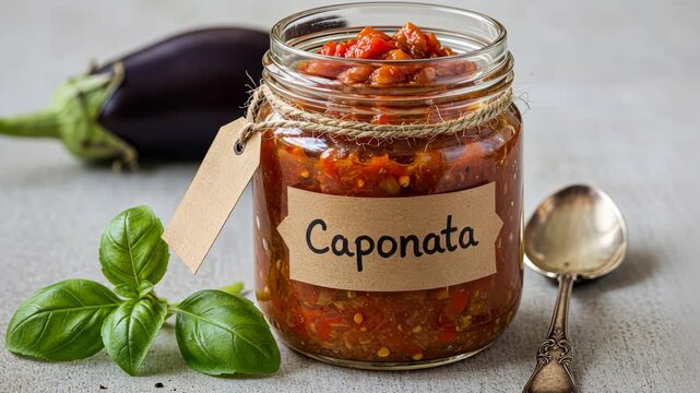 Delicious caponata presentation with basil and eggplant in a rustic setting