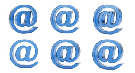 Multiple glossy blue at symbols aligned against a white background for email communication concepts