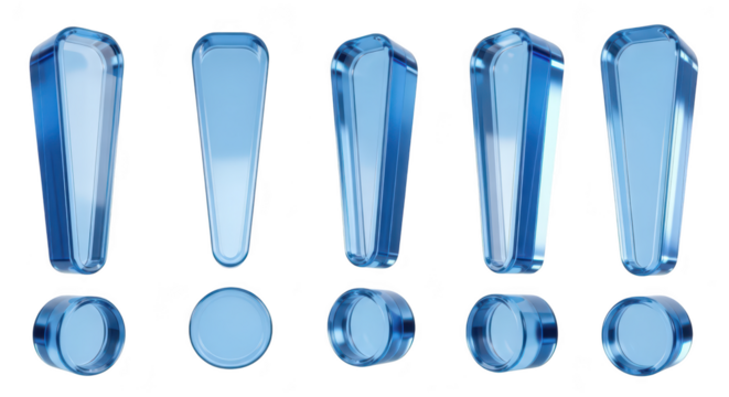 Crystal exclamation marks in multiple views Isolated on white with reflections representing notice and attention For design advertising and communication