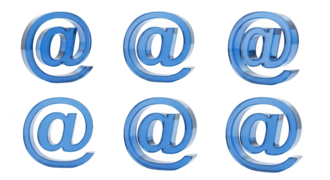 Multiple glossy blue at symbols aligned against a white background for email communication concepts