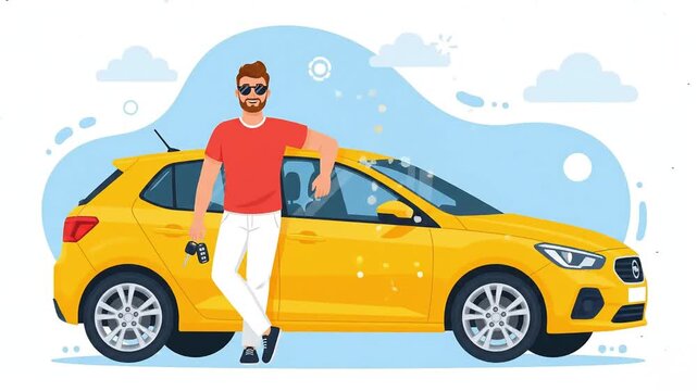 Footage a cool man with beard standing next to yellow car holding keys, modern flat vector illustration of car owner, rental, or automobile purchase concept