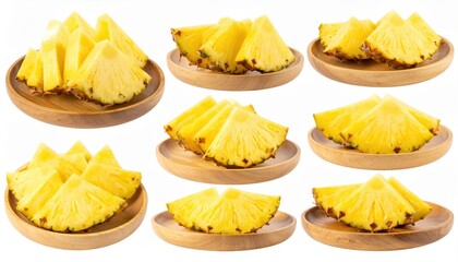 A collection of fresh pineapple slices arranged on wooden plates, showcasing vibrant yellow color and juicy texture, isolated on white.