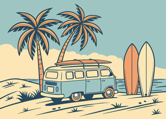 Retro Surfer Lifestyle Illustration with Vintage Beach Van, Palm Trees, Surfboards, and Ocean Scenery