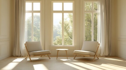 Two light beige fabric armchairs wooden frame light wood small round table beige curtains large windows sunlight hardwood floor