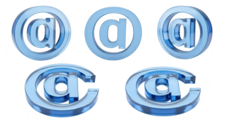 Transparent blue @ symbol icons in various angles against a white background useful for internet-related designs and email visuals