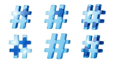 Obraz premium Transparent blue hashtag symbols arranged in a grid reflecting light against a clean white background; suitable for social media online marketing