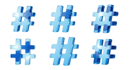 Transparent blue hashtag symbols arranged in a grid reflecting light against a clean white background; suitable for social media online marketing