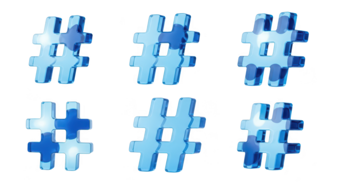 Transparent blue hashtag symbols arranged in a grid reflecting light against a clean white background; suitable for social media online marketing
