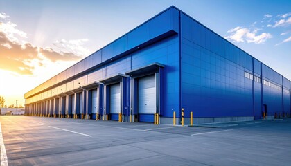 Obraz premium Large blue warehouse with multiple loading docks, set against a vibrant sunset sky, showcasing industrial architecture.