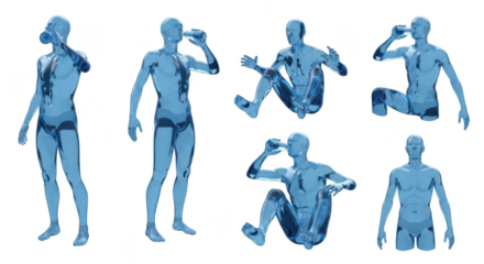 Transparent figures in diverse poses drinking against a white backdrop suitable for medical visuals health and hydration