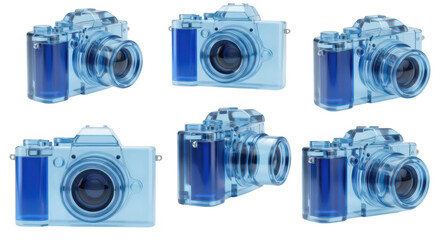 Transparent blue cameras arrayed on a white backdrop suitable for photography or technology related promotion