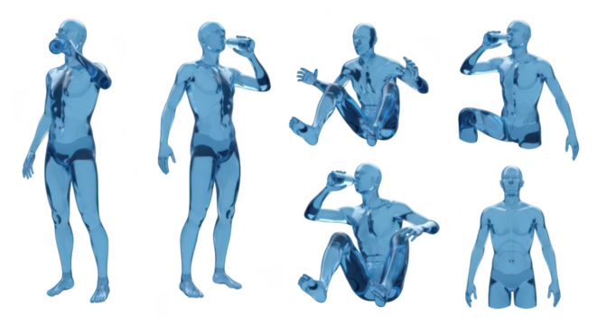 Transparent figures in diverse poses drinking against a white backdrop suitable for medical visuals health and hydration