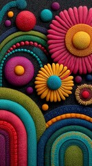 Colorful Retro 3D Floral and Geometric Pattern With Rainbow Arches and Textured Shapes in Vector Style