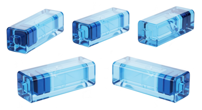 Five futuristic blue transparent pill-shaped objects isolated against white possibly for medical or technological concept use - Powered by Adobe