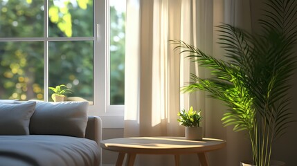 Sunlit Living Room with Beige Sofa Plants and Sheer Curtains image