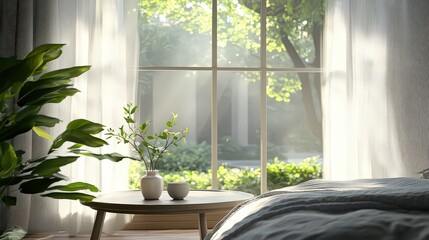 Sunlit Bedroom Scene with White Curtains Green Plants and a Wooden Coffee Table sunlight