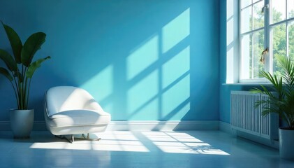Serene blue light fills a sunlit room, illuminating dust motes dancing in the air Soft shadows create a tranquil atmosphere, perfect for a calming mood , room, bright, gentle