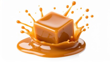 A caramel cube splashes into a pool of liquid caramel, creating a dynamic and appetizing visual on a white background.