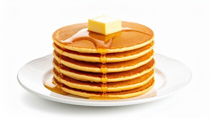 Delicious stack of pancakes topped with butter and drizzled with maple syrup, perfect for breakfast themes.