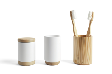 Sustainable Bathroom Set Bamboo Toothbrush and Minimalist Containers on a transparent background