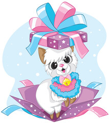 Vector illustration of cute holiday llama or alpaca carrying Christmas gift presents.