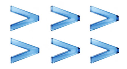 Six 3D glass greater than symbols aligned implying progression or comparison against a blank white backdrop usable in design or presentations