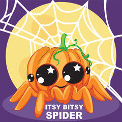 Itsy Bitsy Spider pumpkin Halloween, Kids English Nursery Rhymes book illustration in vector