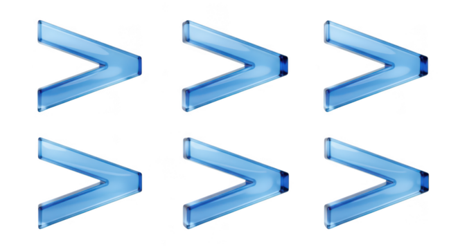 Six 3D glass greater than symbols aligned implying progression or comparison against a blank white backdrop usable in design or presentations