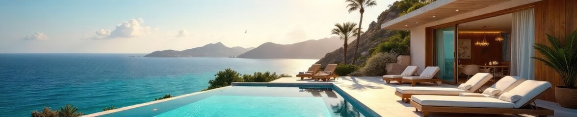 Fototapeta premium Luxury holiday villa with private pool, sun loungers, and stunning ocean views Perfect for a relaxing getaway Enjoy breathtaking sunsets and unforgettable memories , peaceful, summer, tranquil