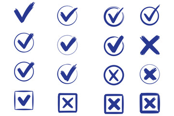 Check marks doodle set. Vote, yes, no, checkbox, checklist, tick and cross signs, v and x drawn concept. Hand drawn doodle sketch style vector illustration