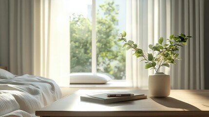 Sunlit Bedroom Interior Wooden Table Green Plant Beige Vase Books Notepad Sunlight Window Curtains Bed