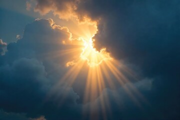Fototapeta premium Intense burst of sunlight breaking through dark clouds, creating a dramatic glare effect Perfect for weather, nature, or atmospheric backgrounds , heavenly, ethereal
