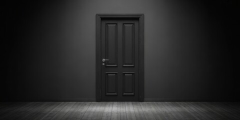 A dark wooden door stands closed in a dimly lit room