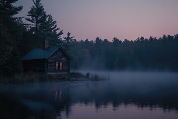 Fototapeta premium A cozy log cabin sits serenely on a misty lake, surrounded by tranquil pine forests at dusk.
