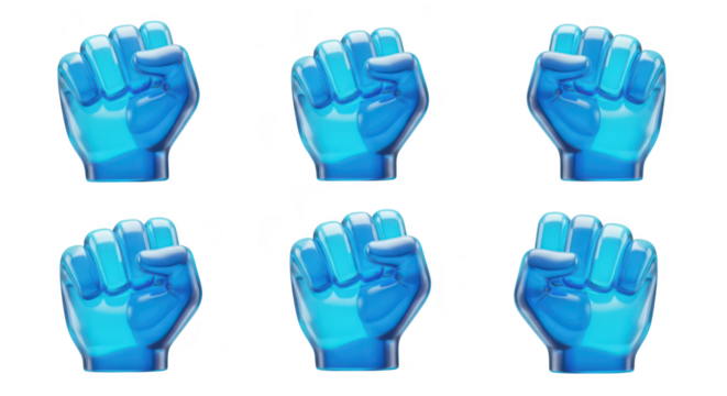 Blue translucent fists displayed on a white background symbolizing unity strength and power Ideal for design projects emphasizing support and collaboration