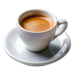 Naklejka premium A steaming cup of rich espresso with a perfect crema sits on a white saucer, isolated on a clean white background