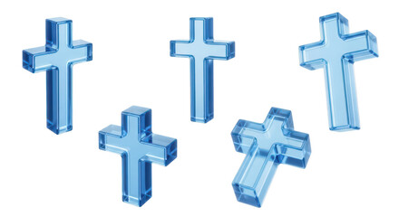 Obraz premium Blue glass crosses floating on white for religious or spiritual design and illustration use