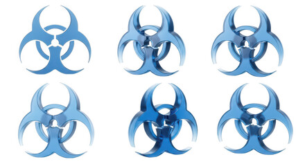 Six blue transparent biohazard symbols arranged in a grid floating against a white background illustrating danger and contamination