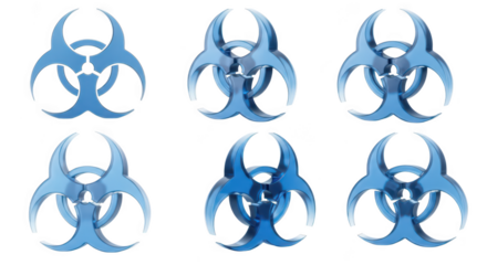 Six blue transparent biohazard symbols arranged in a grid floating against a white background illustrating danger and contamination